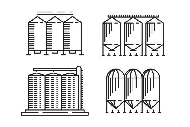 illustrazioni stock, clip art, cartoni animati e icone di tendenza di silo delinea il concetto di design dell'agricoltura, semplice elemento artistico della linea granaio - silo