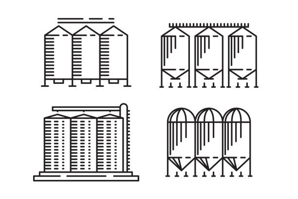 silo zarys koncepcji projektowania z rolnictwa, prosty element sztuki linii spichlerza - silo stock illustrations