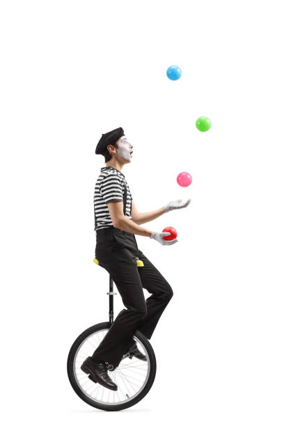 istock Mime on a unicycle juggling with balls 1159267508