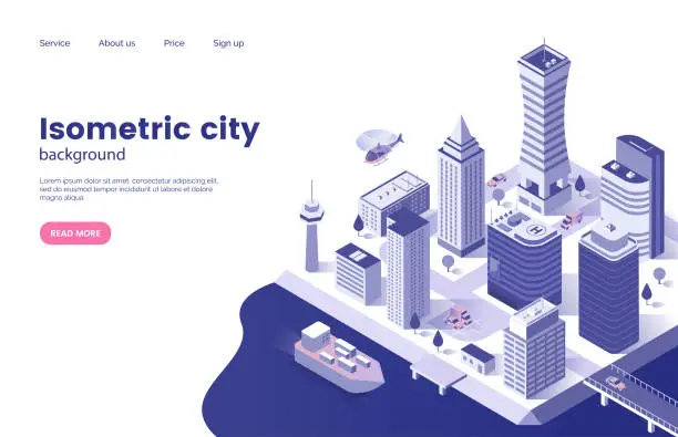 Vector illustration of Isometric city background. Modern city with skyscrapers. Megacity infrastructure. Business center. Web page concept. Vector illustration