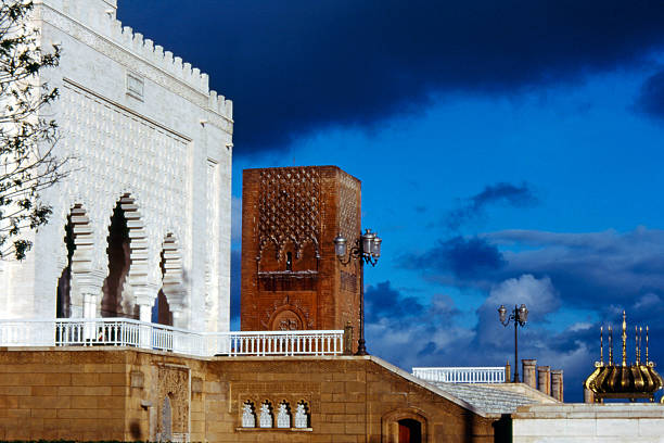 A part of massive entrance doors of Hassan II Mosque, decorated with traditional Moroccan patterns and an arch.