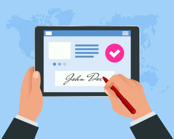 koncepcja podpisu cyfrowego z tabletem i długopisem. biznesmen ręce podpisania podpisu cyfrowego na tablecie. - podpis elektroniczny stock illustrations