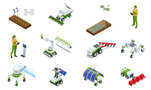 izometryczna nowoczesna inteligentna szklarnia przemysłowa. zestaw robotów sztucznej inteligencji w rolnictwie. żywność ekologiczna, rolnictwo i hydroponina - growth lettuce hydroponics nature stock illustrations