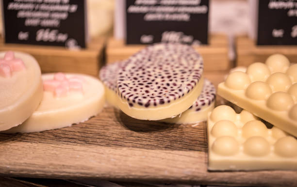 Handmade cosmetics on the counter of the store. The concept of eco body care products.
