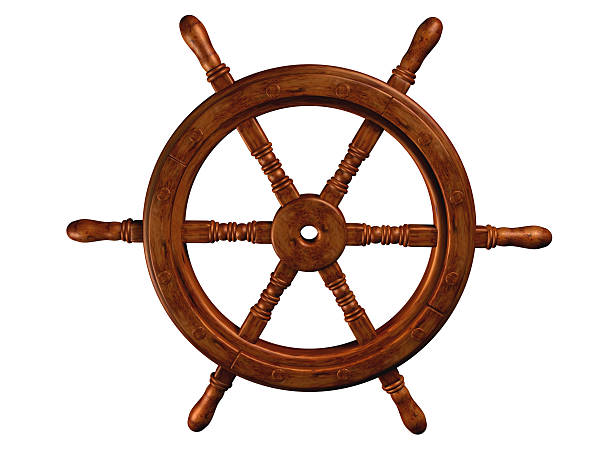 istock A wooden ship helm on white background 115927613