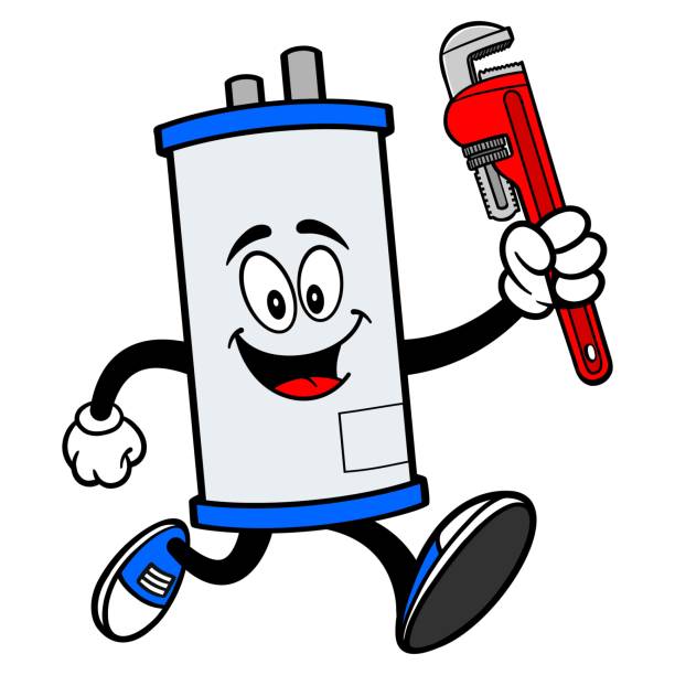 Water Heater Running with a Pipe Wrench A cartoon illustration of a Water Heater Mascot running with a Pipe Wrench. electric heater stock illustrations