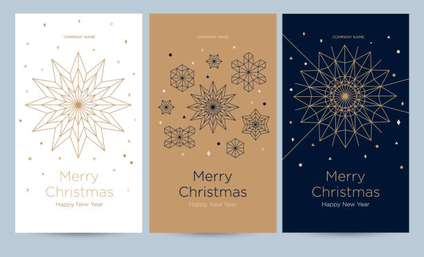 A set of greeting card with snowflakes and festive decor. Linear golden Christmas snowflake on a different background. New Year's design template with a window for text. Vector flat. Vertical format business borders stock illustrations