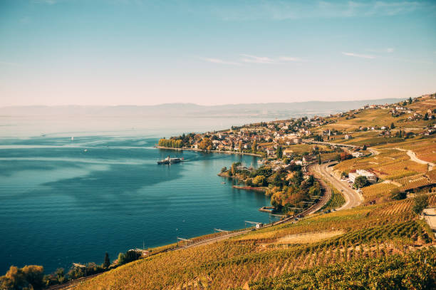 Amazing autumn landscape of Lavaux vineyards swiss riviera Lausanne area canton of Vaud Switzerland stock photo