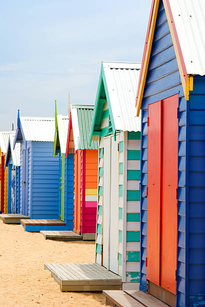istock Line of Brightly Coloured Beach Boxes on Brighton Beach Melbourne 115928138