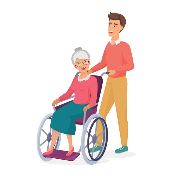 улыбающиеся молодые мужчины ухаживает за пожилой мамой-инвалидом бабушкой в инвалидной коляске. красочная иллюстрация вектора мультфильм - wheelchair senior men senior adult white background stock illustrations