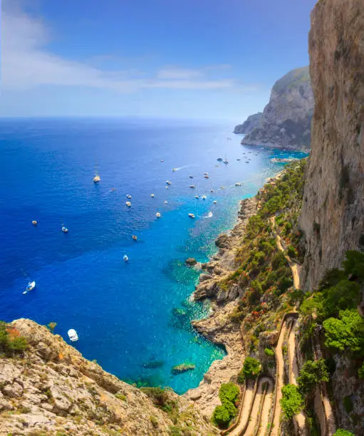 View of Via Krupp from Gardens of Augustus descending to Marina Piccola sea, Capri Island, Italy: it is a historic paved footpath connecting the Charterhouse of San Giacomo and the Gardens of Augustus area with Marina Piccola.