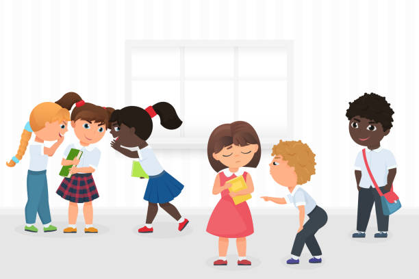 illustrazioni stock, clip art, cartoni animati e icone di tendenza di gruppo di bambini multietnici che spettegolano e bullismo ragazza triste durante la pausa nel corridoio scolastico cartone animato illustrazione vettoriale. - bullying sneering rejection child