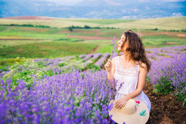 istock Woman smelling lavender 1159289763