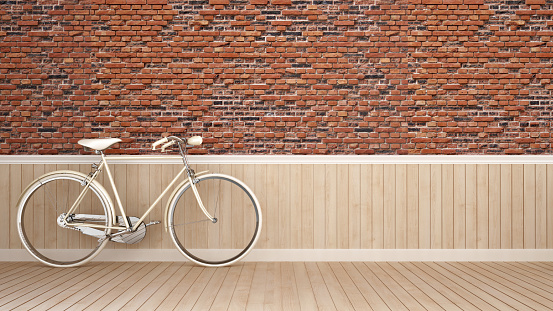 Bicycle in living room or lobby of hotel on loft style - Template interior design for artwork or brick wall backdrop for add artwork design - 3D Rendering