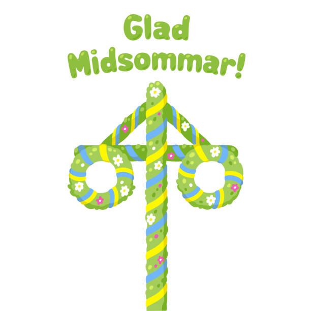Glad Midsommar Midsummer Maypole Glad Midsommar (Happy Midsummer in Swedish) Traditional summer solstice celebration in Sweden with flower and ribbon decorated maypole. Cute and simple cartoon greeting card or poster illustration. summer solstice stock illustrations
