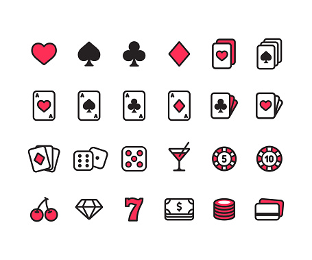 Casino line icon set. Poker cards, dice and chips, slot machine symbols and money. Simple modern style vector icons.