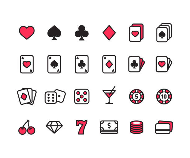 Casino icon set Casino line icon set. Poker cards, dice and chips, slot machine symbols and money. Simple modern style vector icons. poker card game stock illustrations