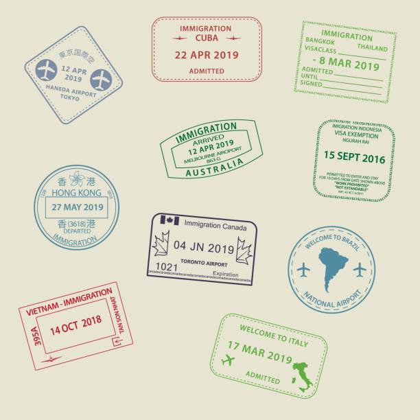 다른 국가에 비자 여권 스탬프 세트 - passport stamp rubber stamp passport china stock illustrations
