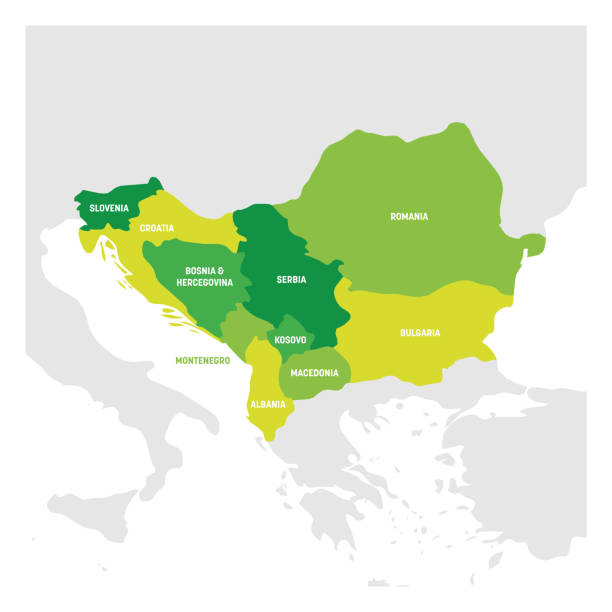ilustrações, clipart, desenhos animados e ícones de região sudeste da europa. mapa dos países da península balcânica. ilustração do vetor - peninsula