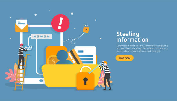 ilustrações, clipart, desenhos animados e ícones de conceito da segurança do internet com caráter dos povos. ataque de phishing de senha. roubando informações pessoais dados página web landing, banner, apresentação, social, modelo de mídia impressa. ilustração do vetor - id fraud