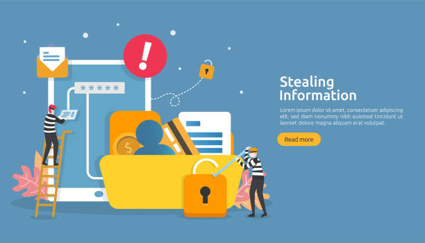 internet security concept with people character. password phishing attack. stealing personal information data web landing page, banner, presentation, social, print media template. Vector illustration internet security concept with people character. password phishing attack. stealing personal information data web landing page, banner, presentation, social, print media template. Vector illustration. identity theft stock illustrations