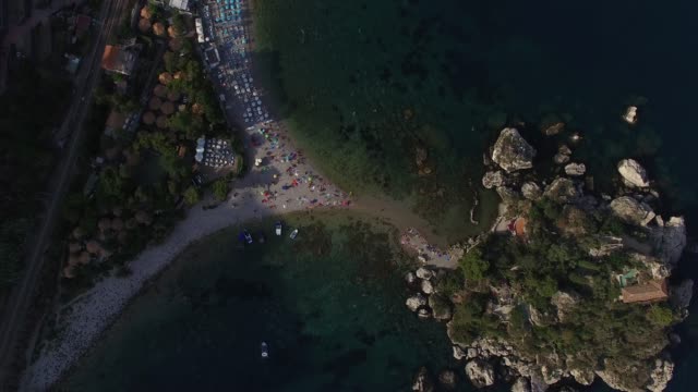 Top View of beach and island Isola Bella at Taormina, Sicily