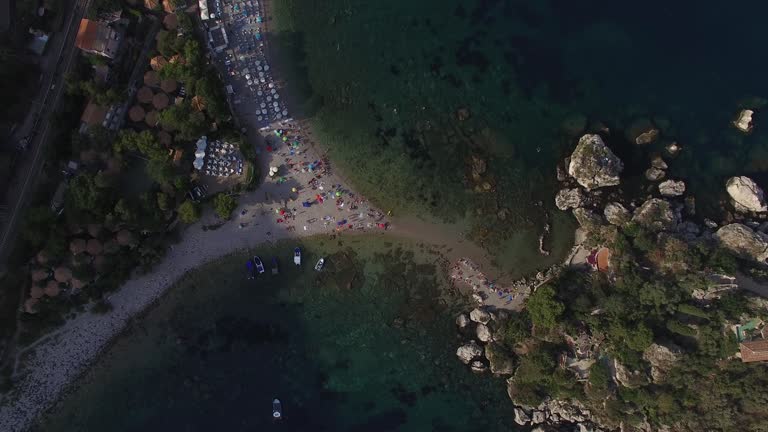 Top View of beach and island Isola Bella at Taormina, Sicily