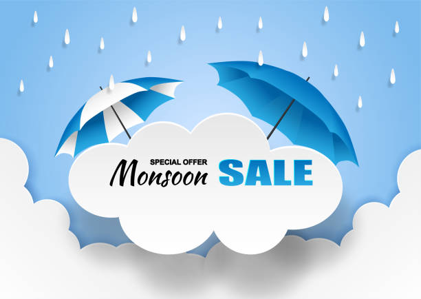 monsun, regenzeit verkauf hintergrund. wolkenregen und regenschirm am blauen himmel. vektor. - monsoon stock-grafiken, -clipart, -cartoons und -symbole