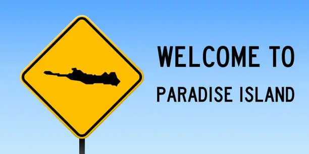 Vector illustration of Paradise Island map on road sign.