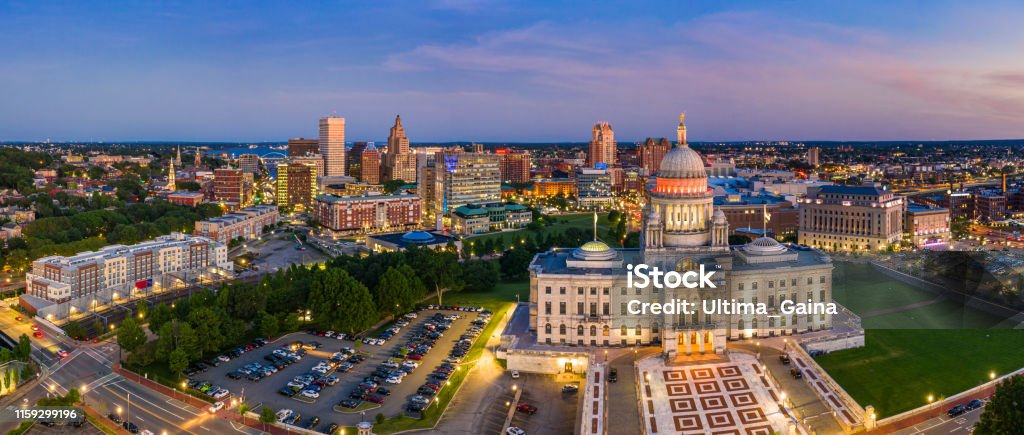 Aerial panorama of Providence, Rhode Island Aerial panorama of Providence skyline and Rhode Island capitol building at dusk. Providence is the capital city of the U.S. state of Rhode Island. Founded in 1636 is one of the oldest cities in USA. Rhode Island Stock Photo