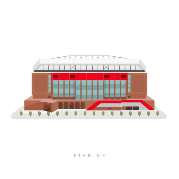 spor stadı, futbol stadı. ön görünüm spor arena dış. - liverpool stock illustrations