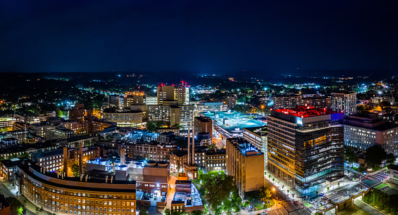 Aerial panorama of New Haven, Connecticut by night. New Have is the second-largest city in Connecticut after Bridgeport