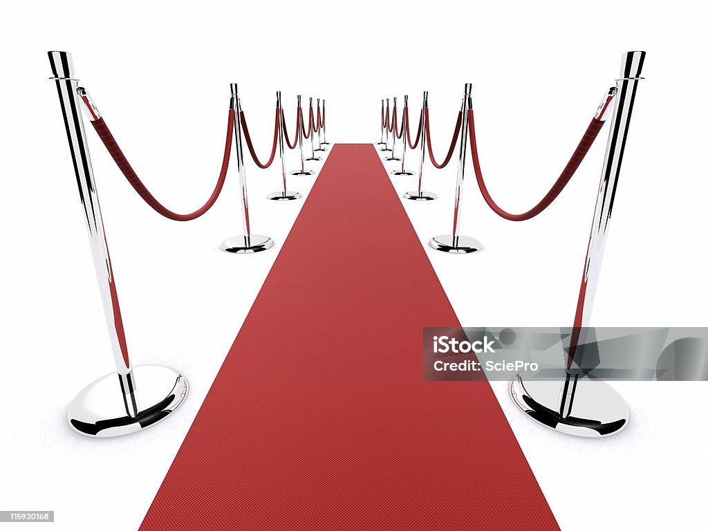 A red carpet laid out with separation poles 3d rendered red carpet Building Entrance Stock Photo