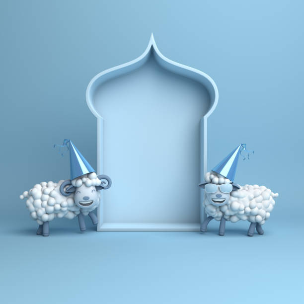 istock Cartoon sheep, arabic window on blue pastel background copy space text 1159306166