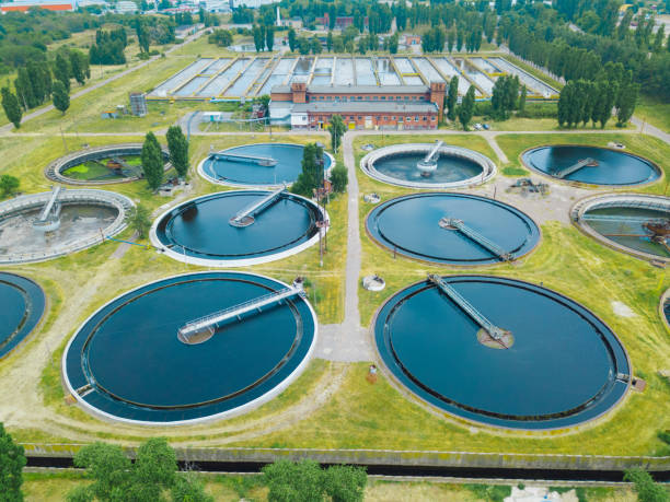 istock Modern sewage treatment plant, aerial view from drone 1159306177