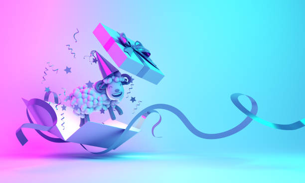 istock Gift box opened, confetti and a cartoon sheep on blue pink gradient background. 1159306977
