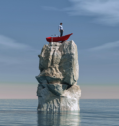 Man in a boat stuck on a big rock in the middle of the ocean. 3d render