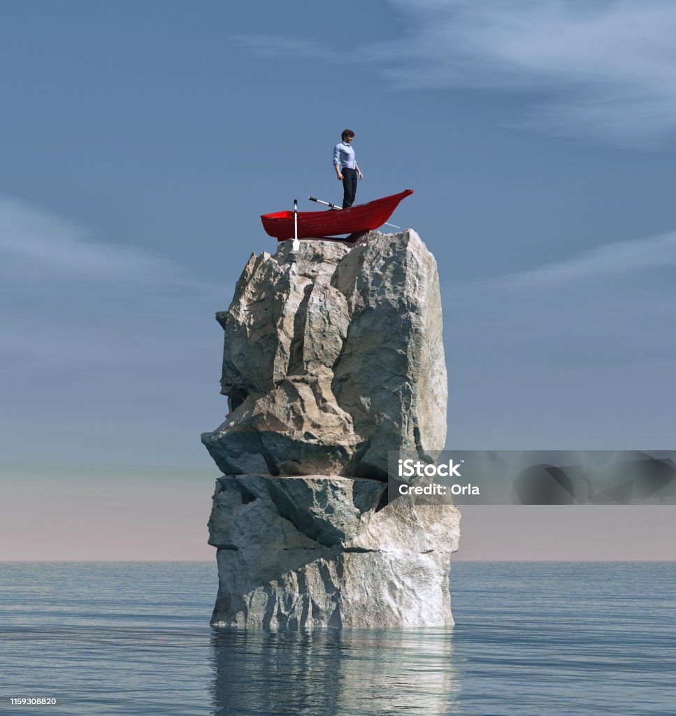 Man in a boat stuck on a big rock in the middle of the ocean. Man in a boat stuck on a big rock in the middle of the ocean. 3d render Stranded Stock Photo