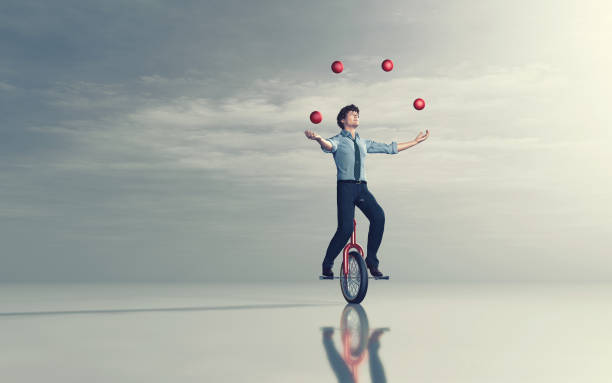 Business man riding unicycle and juggling with some balls. 3d render