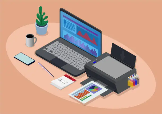 Vector illustration of isometric workspace with laptop and printer