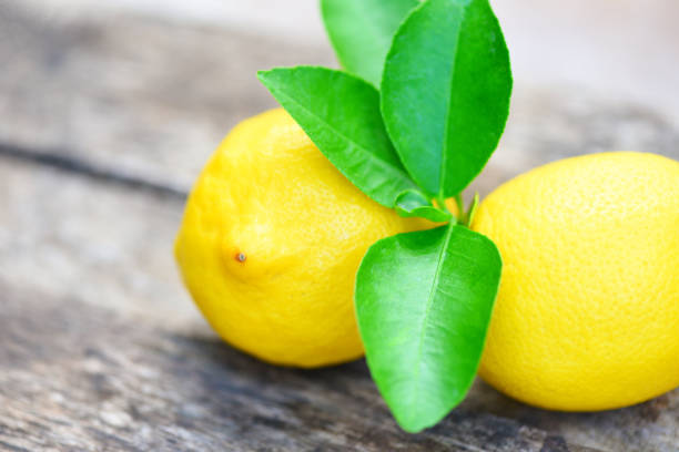 istock Fresh lemon with green leaves on the table background 1159318547