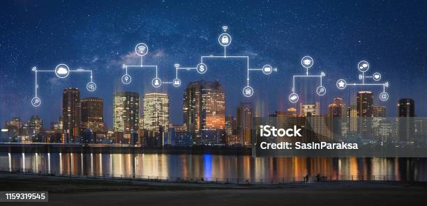 Smart City Internet Wireless And Networking In The City Modern City At Night With Internet Network And Online Media Application Icons Stock Photo - Download Image Now