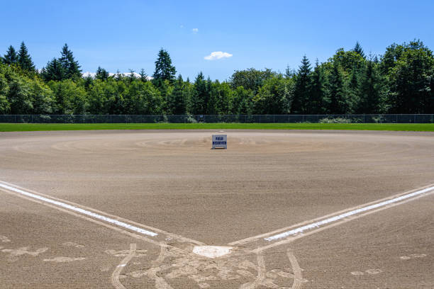 Summer Sports Freshly groomed baseball field with Field Reserved sign, empty baseball field on a sunny day with woods and blue sky in the background baseline stock pictures, royalty-free photos & images