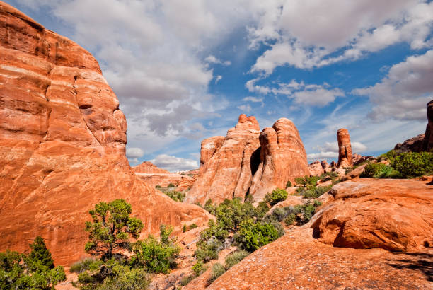 Sandstone Formations in Devil's Garden Devil's Garden is an area of uncommon beauty featuring natural sandstone arches, walls and rock fins.  Devil's Garden is in Arches National Park near Moab, Utah, USA. jeff goulden arches national park stock pictures, royalty-free photos & images