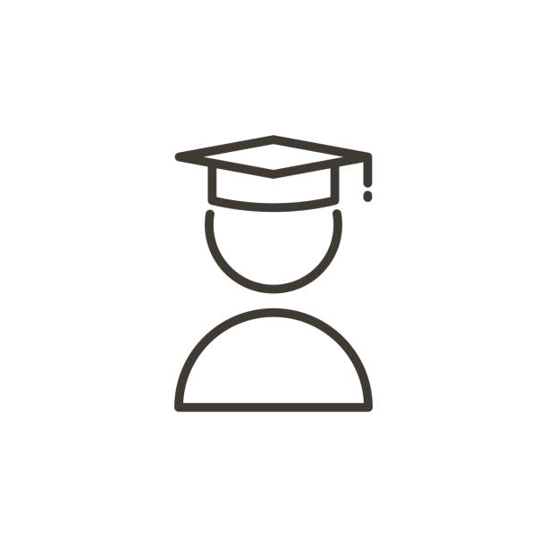 illustrazioni stock, clip art, cartoni animati e icone di tendenza di studente con icona del berretto accademico. icona moderna della linea sottile alla moda relativa all'istruzione e alla conoscenza - graduation gown