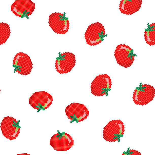 흰색 배경에 8 비트 픽셀 토마토와 원활한 패턴. 벡터 그림입니다. 구식 컴퓨터 그래픽 스타일입니다. - eggplant tomato white background fruit stock illustrations