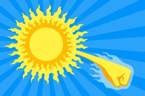 ilustraciones, imágenes clip art, dibujos animados e iconos de stock de sol y puño grande. concepto de insolación - heat loss