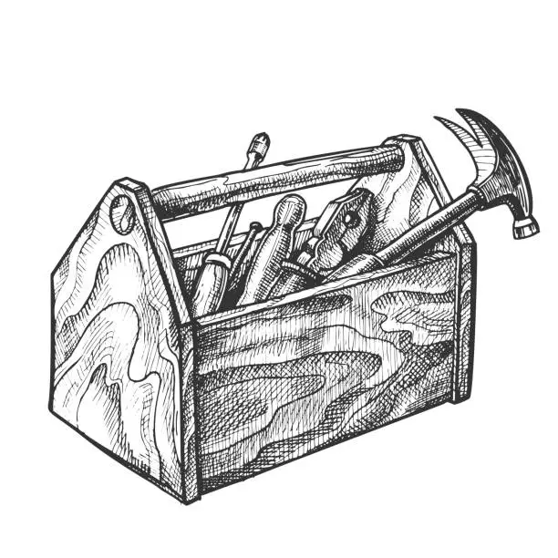 Vector illustration of Vintage Wooden Toolbox With Old Instrument Vector