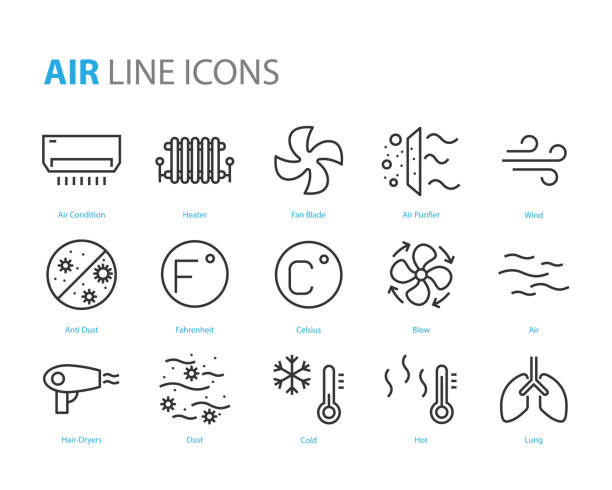 set of air icons, such as air filter, temperature, air purifier, dust set of air icons, such as air filter, temperature, air purifier, dust electric fan stock illustrations