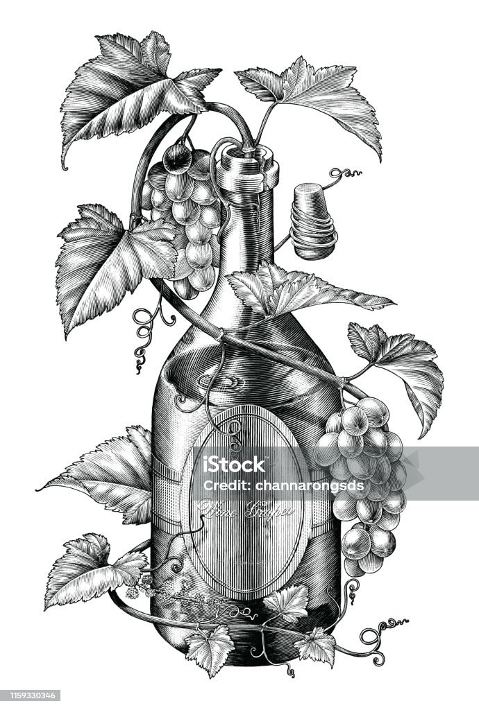 Raisins twing dans l'illustration de bouteille de vin art noir et blanc de clip, le concept de bande de raisins de vin - clipart vectoriel de Vin libre de droits